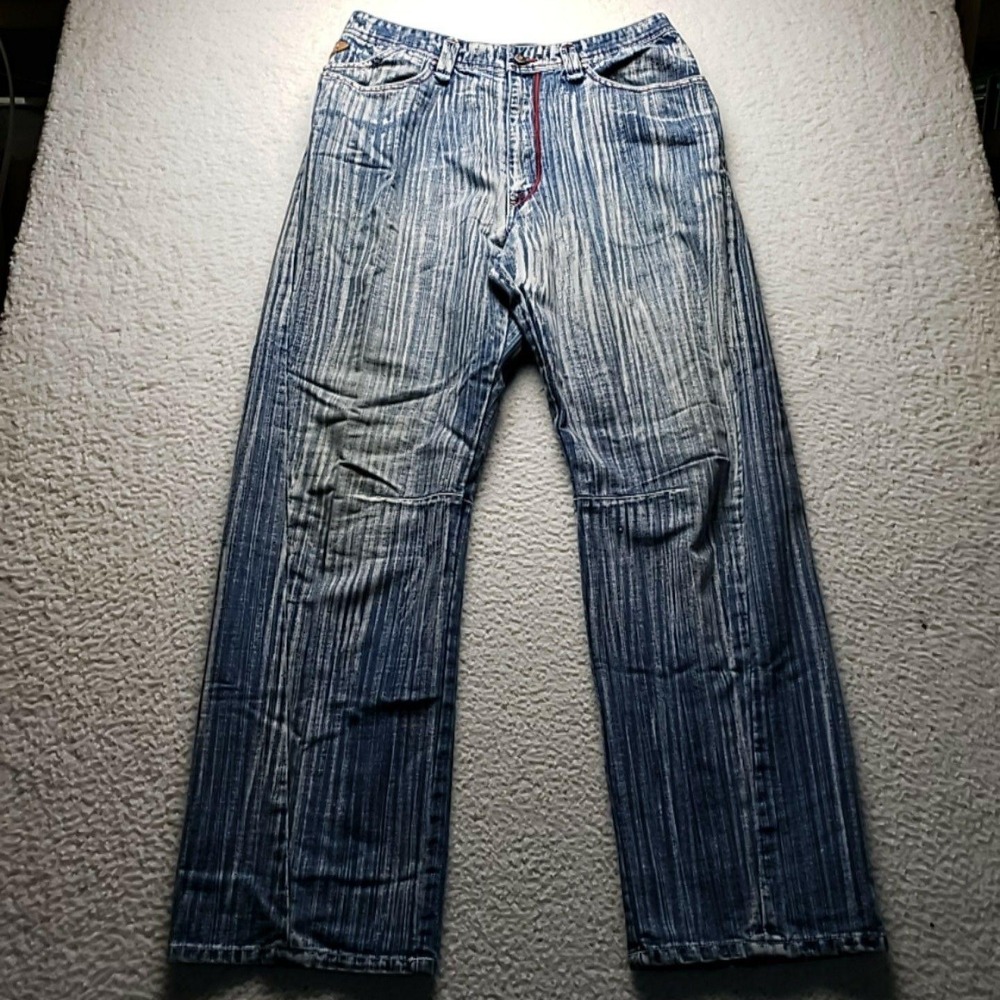 Akademiks Jeans Mens 36x33 Blue Relaxed Straight Striped Acid Wash Denim Pants